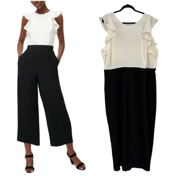 J. Crew Colorblocked Sleeveless Ruffle Jumpsuit Ivory Cream Black Plus Size 24 - Picture 1 of 16